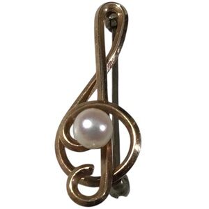 Treble Clef Pearl Brooch Gold Tone Vintage